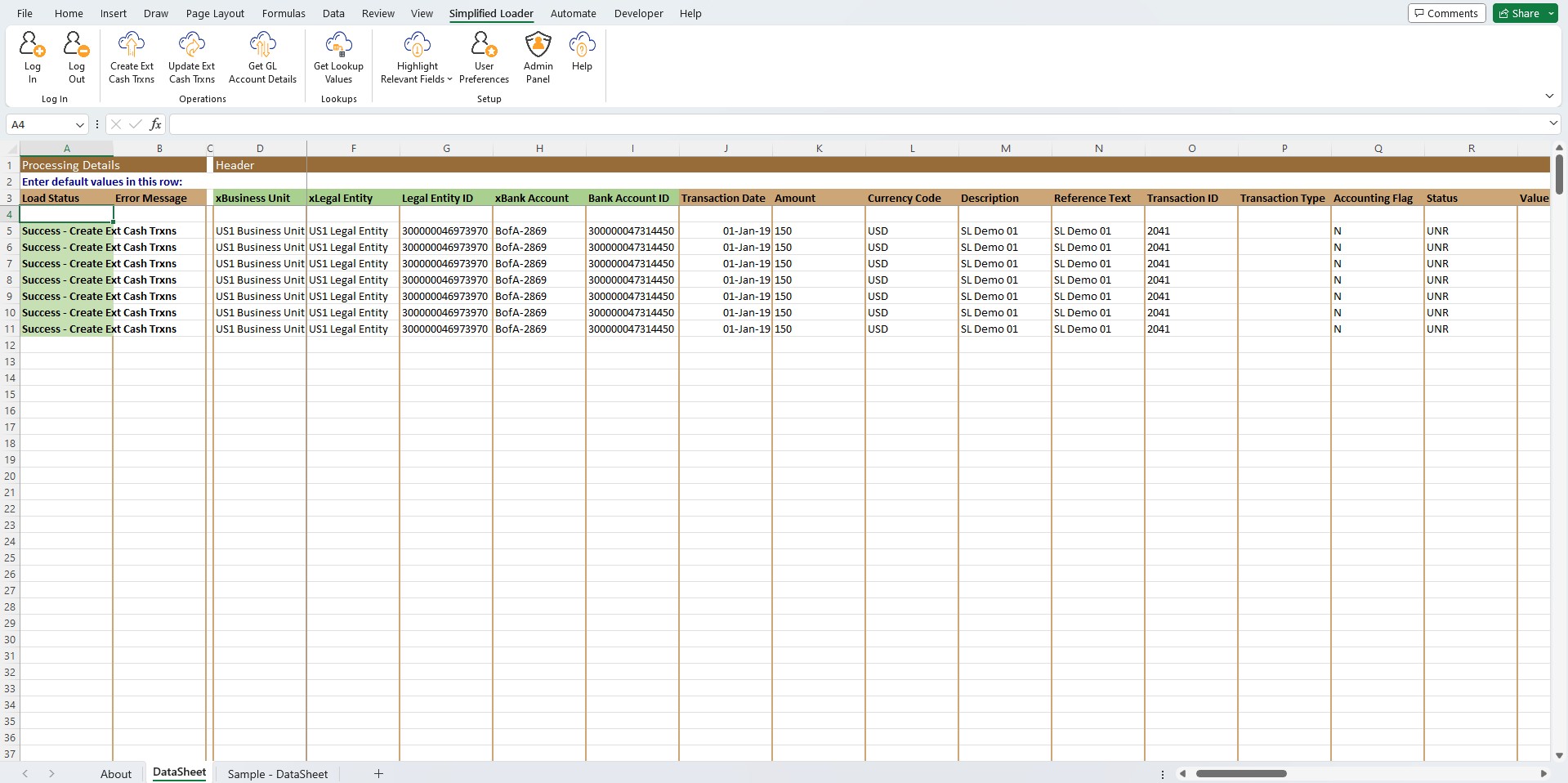 Simplified Loader External Cash template for Oracle Fusion