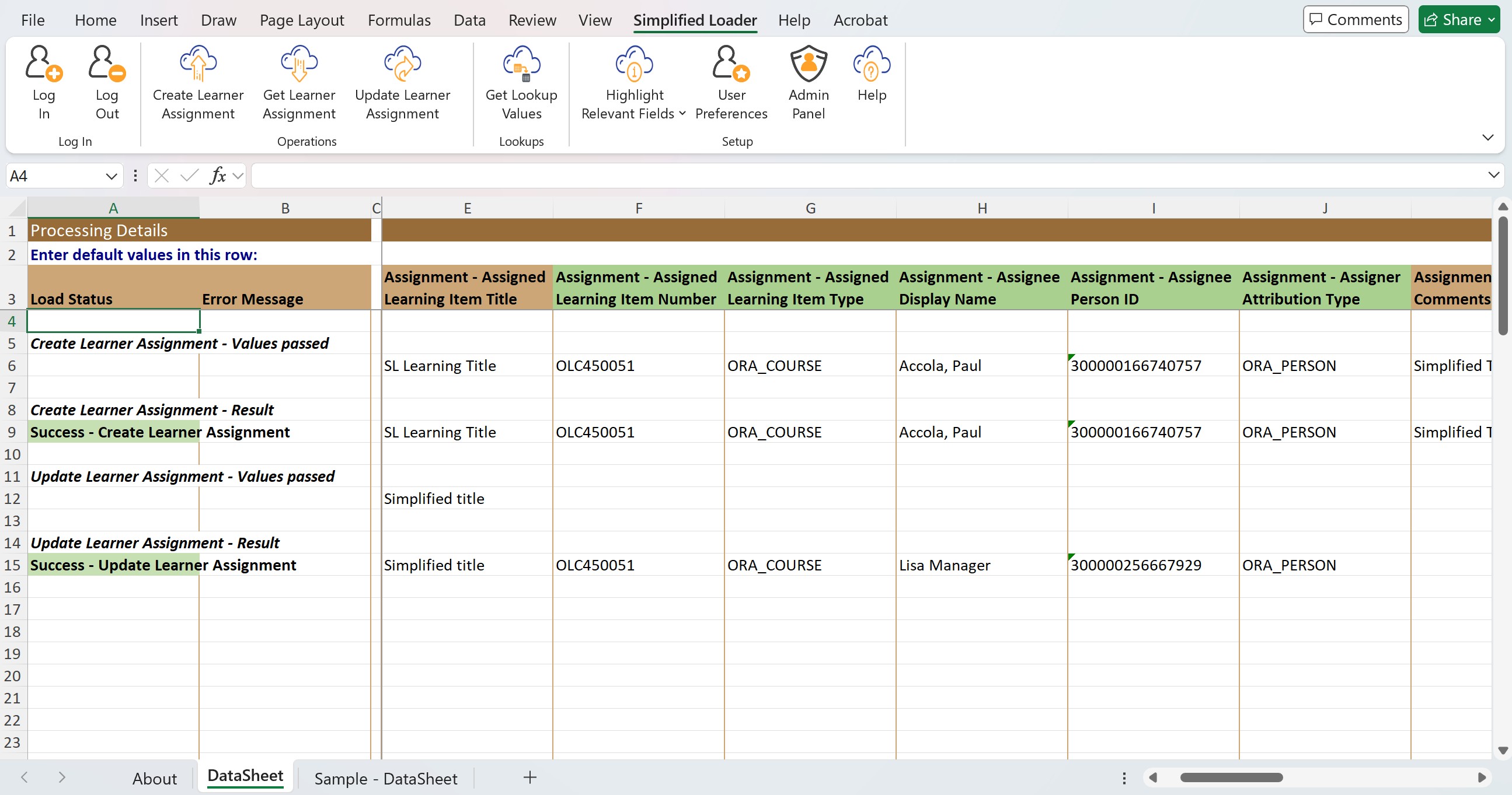 Simplified Loader HCM Learner Learning template for Oracle Fusion