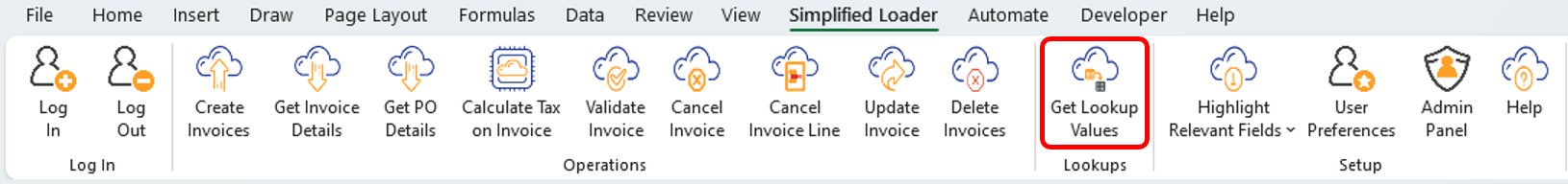 Lookup Toolbar - Simplified Loader Excel for Oracle Fusion Cloud ERP